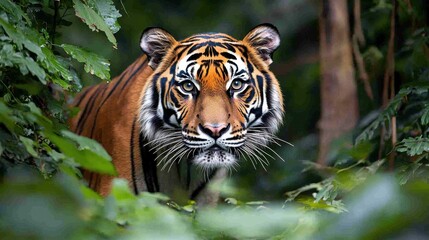 Obraz premium Majestic Tiger Staring Intensely from a Lush Green Jungle Surrounded by Dense Foliage and Natural Light Highlighting Its Striking Features
