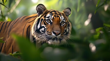 Fototapeta premium Majestic Tiger Staring Intently Amidst Lush Greenery in a Dense Jungle Setting, Capturing the Essence of Wild Nature and Untamed Beauty