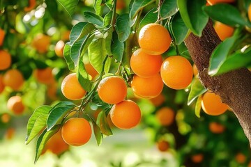 Ripe Oranges on Tree Amidst Lush Green Leaves in Sunlit Orchard