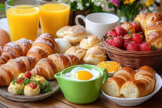Fr&uuml;hst&uuml;ck mit frischen Croissants Obst und Kaffee am Holz Tisch