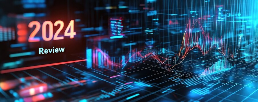 A futuristic digital landscape showcases data trends and analytics, highlighting a review of 2024 with vibrant colors and graphical elements. 3D illustration