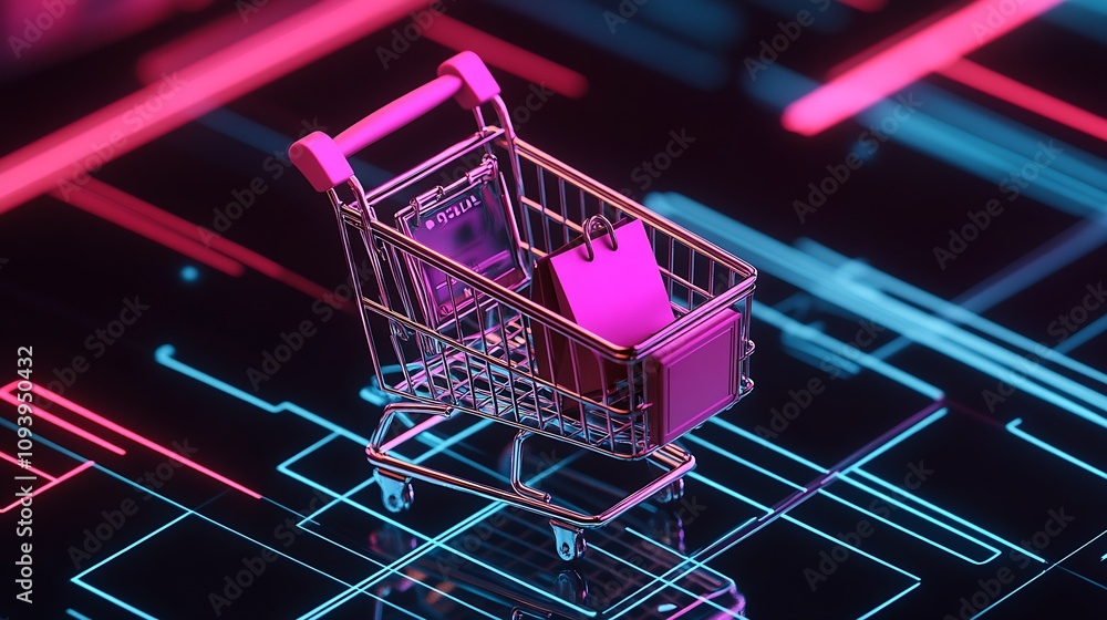 Poster neon shopping cart with tech-inspired design and vibrant aesthetic : generative ai