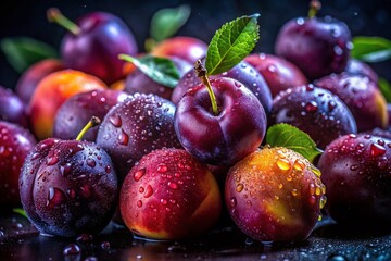 Night Photography of a Closeup Pile of Ripe Organic Plums Against a Dark Background, Showcasing Their Rich Colors and Textures with Dew Drops for an Inviting Fruit Display