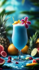 Blueberry Tropical Cocktail with Floral and Fruity Decor in a Tropical Paradise Ambiance : Generative AI