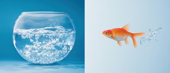 a clear fishbowl filled with water and bubbles alongside a goldfish swimming