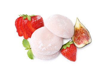 Delicious mochi, strawberries, fig and mint isolated on white, top view
