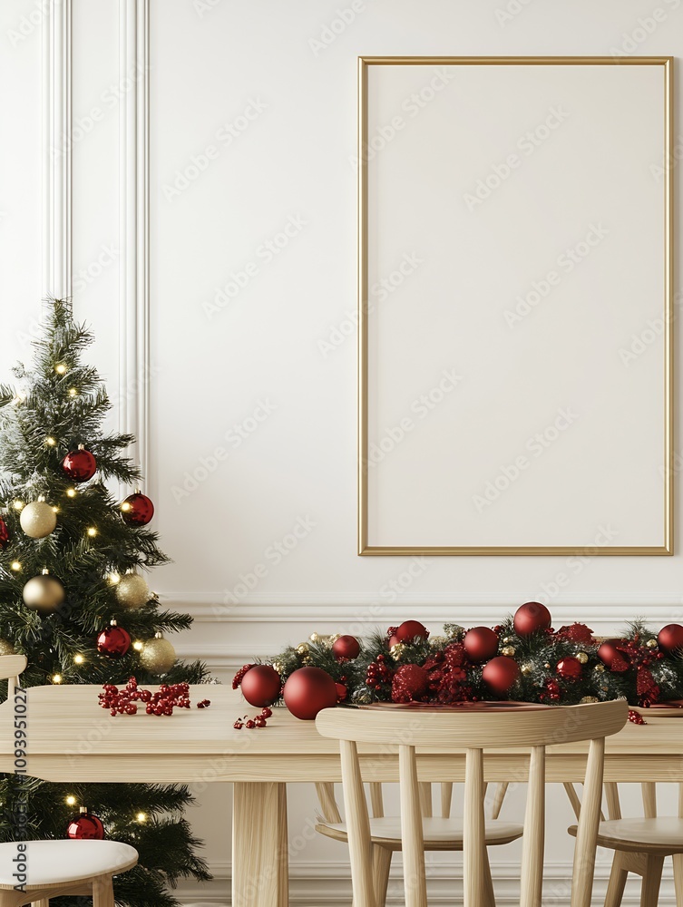 Poster stylish christmas dining setup with gold and red accents and blank frame for decoration : generative
