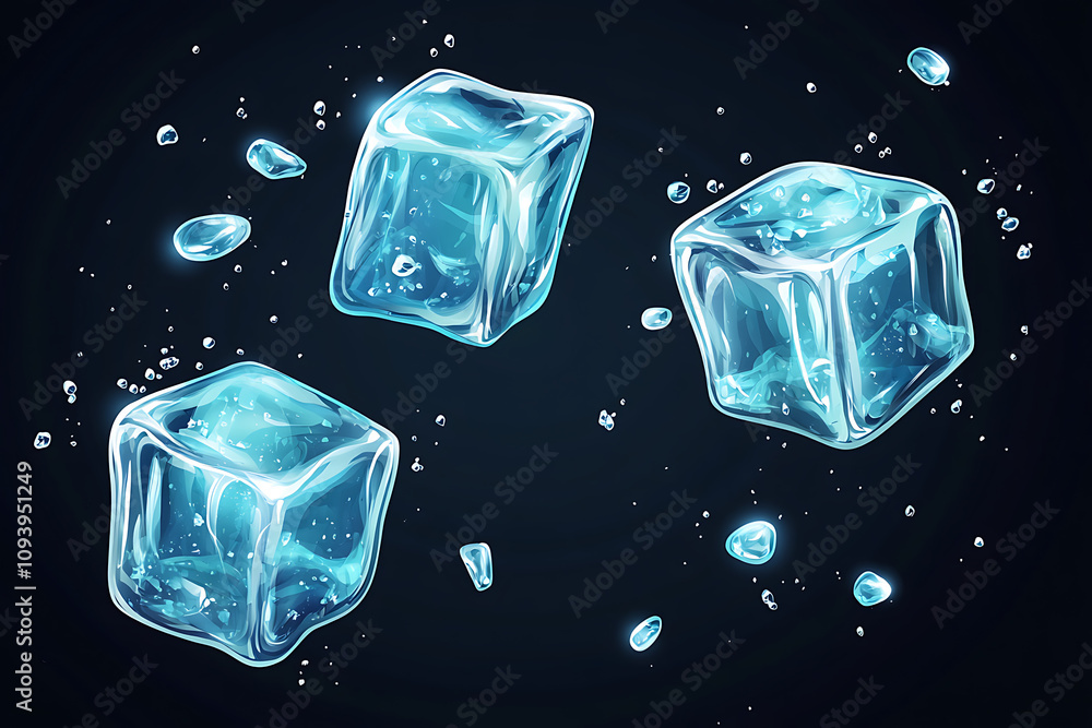 Poster three ice cubes with bubbles on a dark background, creating a refreshing visual effect.