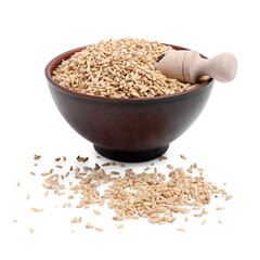 Oat grains in bowl and scoop isolated on white