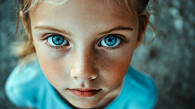 Captivating child portrait with striking blue eyes and freckles taken outdoors in natural light