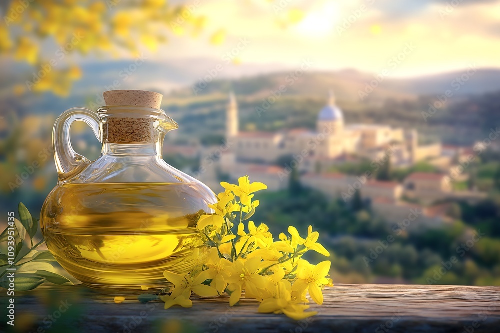 Poster rustic mediterranean setting with olive oil and yellow flowers with scenic view : generative ai
