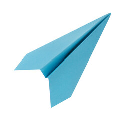 One handmade light blue paper plane isolated on white