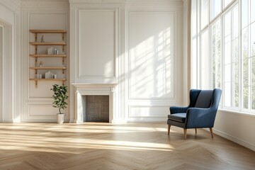 Obraz premium A bright and airy living room with a fireplace, a blue armchair, a bookshelf and large windows.