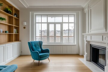 Fototapeta premium A spacious living room with a large window, a fireplace, and a blue armchair. The room is decorated in a modern style with white walls and wooden floors.