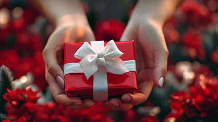 A woman's hands holding a red gift box with a white bow created with Generative AI technology 4K Video