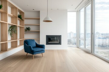 Fototapeta premium Modern living room interior with a fireplace, a blue armchair, and large windows overlooking a city.