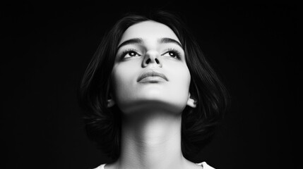a portrait of a young woman looking upwards with a serene expression