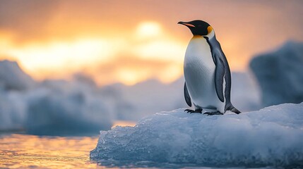 Fototapeta premium a lone emperor penguin standing confidently on an iceberg shaped like an upward arrow, symbolizing growth and strategic vision, with a glowing aurora in the sky, 