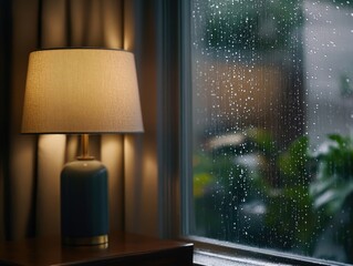 Rainy Day Reflections A Cozy Room with a Lamp by a Rainsoaked Window Indoor Comfort Calm Atmosphere Serene Viewpoint