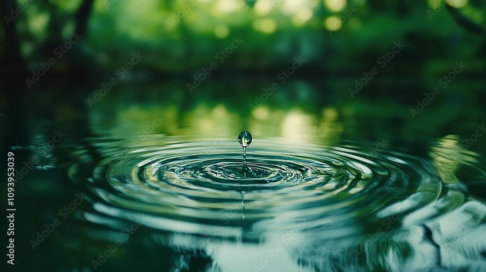 Poster a water drop falling into calm water creating ripples and reflections on a green surface.