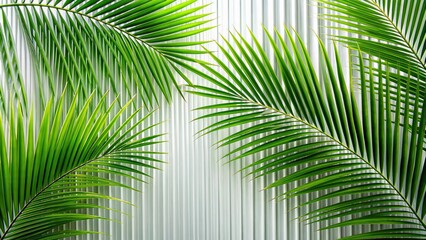 Naklejka premium Green palm with reeded glass. Minimal wood wall with sunny tree decoration. Ribbed Background. Abstract illustration on clean panel for modern beauty design. Plant leaves. White Reeded Glass.