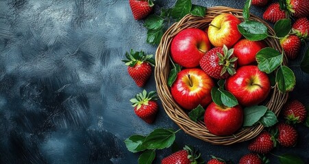 Wicker Basket with Fresh Red Apples and Juicy Strawberries on Textured Concrete Surface