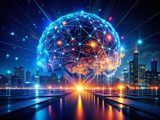 Fototapeta premium Night Photography of Futuristic Artificial Intelligence Elements with Glowing Lines and Shapes for Digital Design Projects and Technology Illustrations