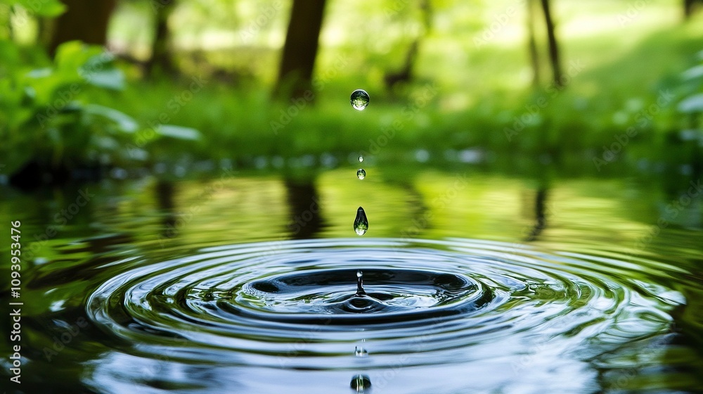 Poster a water drop falling into calm water creating ripples and reflections on a green surface.