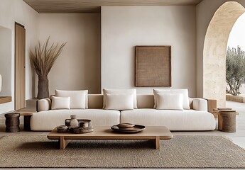 Elegant Minimalist Living Room with Earthy Elements and Open Layout : Generative AI