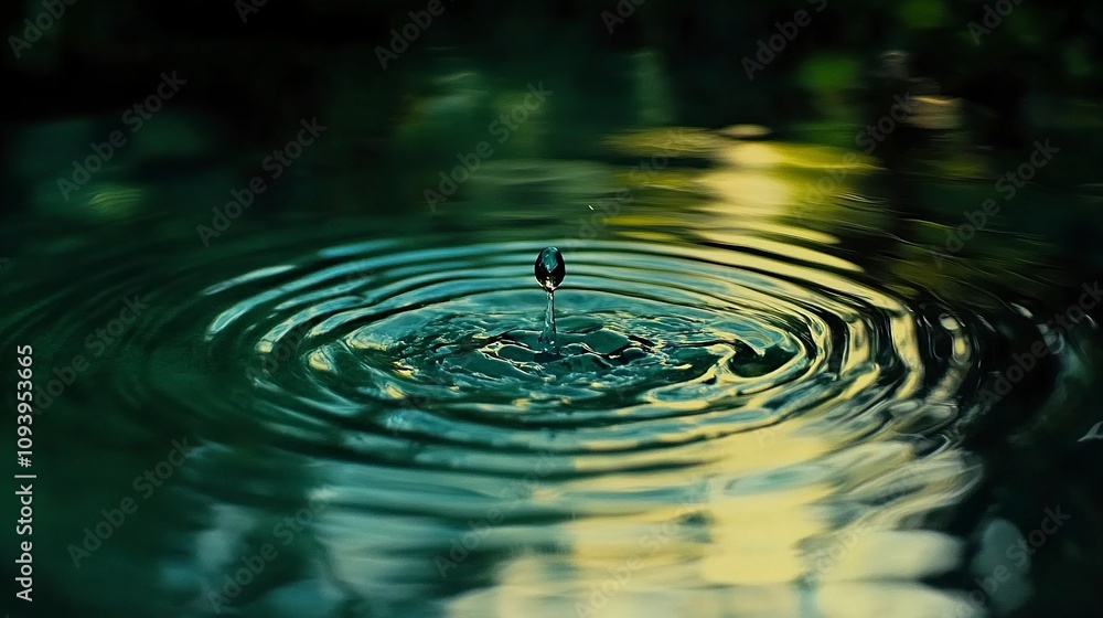 Poster a water drop falling into calm water creating ripples and reflections on a green surface.