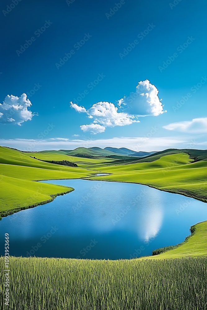Poster panoramic view of tranquil lake surrounded by rolling hills under a vast blue sky with clouds : gene