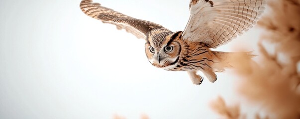 Majestic Owl in Flight Captured with Graceful Wings Outspread Against a Soft Background, Showcasing Nature's Beauty and Wildlife Elegance in Motion