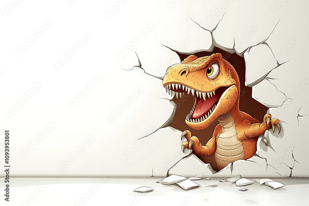 Poster a cartoon dinosaur breaking through a wall, creating a playful and dynamic visual impact.