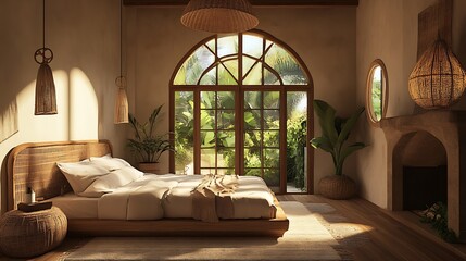 Rustic Bedroom Interior with Unique Ethnic Accents and Wooden Features : Generative AI