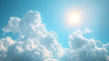 Naklejka premium Bright sun shining through fluffy cumulus clouds in a vibrant blue sky. (1)