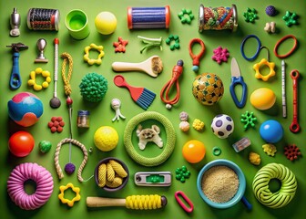 Night Photography of Various Pet Supplies and Toys on a Lush Green Background, Highlighting Pet Care and Training Essentials for Animal Enthusiasts and Pet Owners