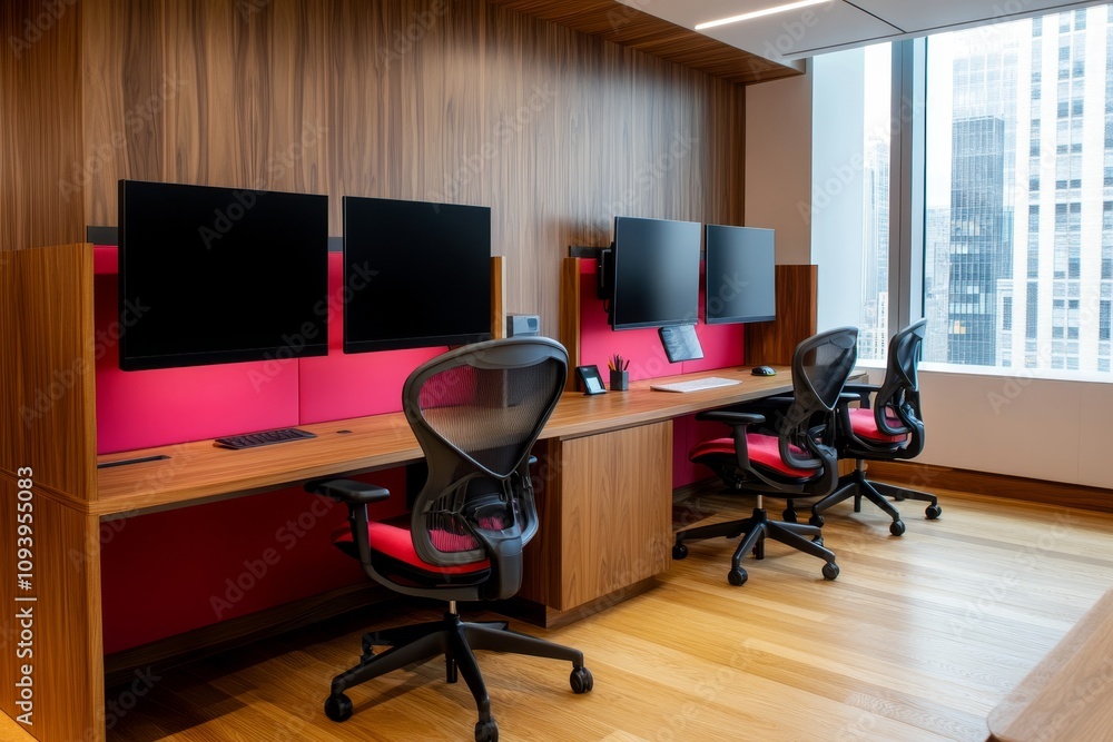 Poster a modern office with three workstations, each equipped with two computer monitors, a comfortable cha