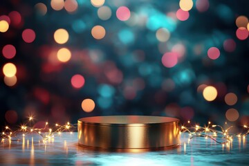Layered gold podium on a frosted glass surface, with abstract glowing Christmas colors and twinkling winter lights