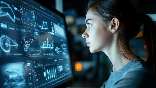 Concept of AI marketing and insurance tool, Woman looking at computer dashboard with visualization innovation for a car, travel, family, life, financial, and health insurance. 4K Video