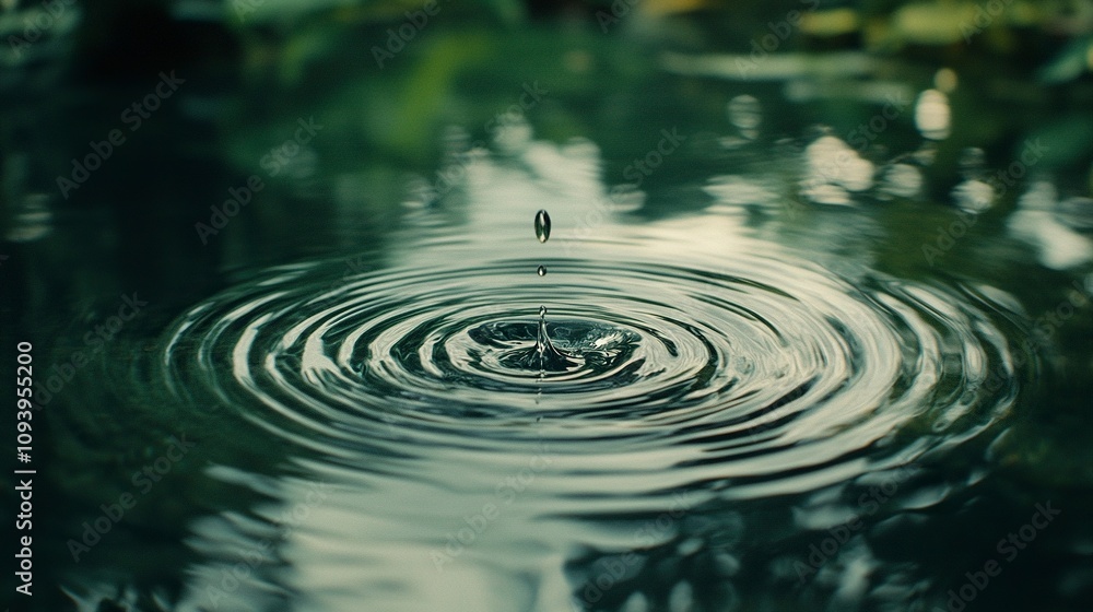 Poster a water drop falling into calm water creating ripples and reflections on a green surface.
