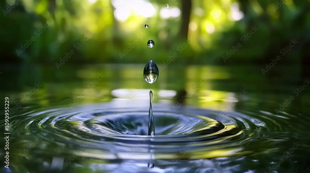 Aufkleber a water drop falling into calm water creating ripples and reflections on a green surface.
