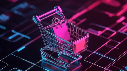 Digital Shopping Cart Neon Symbolizing Online Retail and E-commerce Innovation : Generative AI