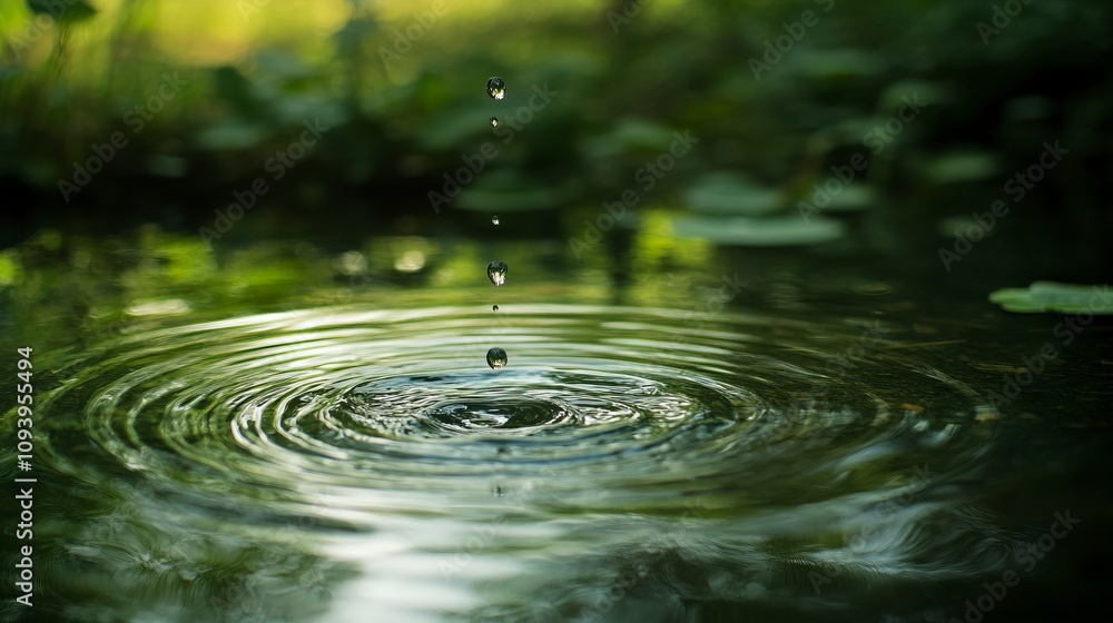 Aufkleber a water drop falling into calm water creating ripples and reflections on a green surface.