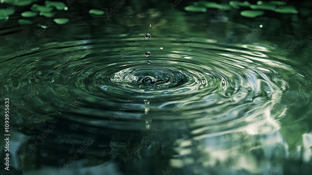 Poster a water drop falling into calm water creating ripples and reflections on a green surface.