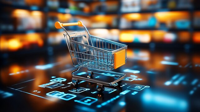Futuristic shopping cart represents digital commerce and advanced retail innovation in tech-savvy marketplace : Generative AI