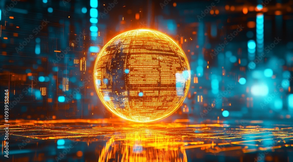 Poster an abstract 3d rendering of a glowing orange sphere, a digital globe, with blue and orange lights in
