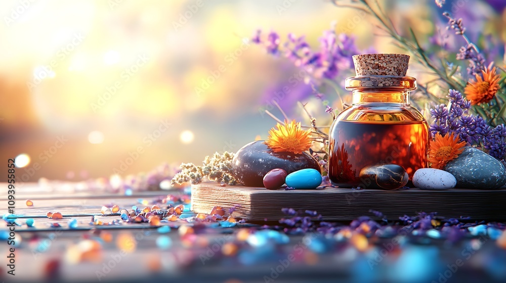 Aufkleber serene autumn aromatherapy scene with diffuser and flowers on rustic table : generative ai