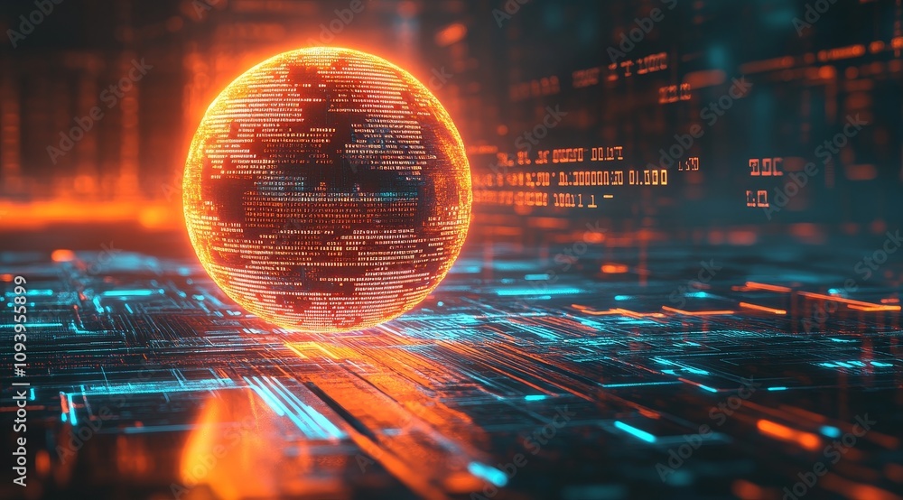 Poster A glowing orb representing the internet or a data sphere on a digital circuit board with red and blue lights.