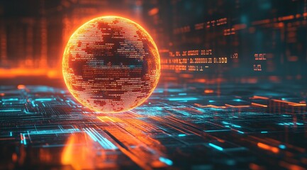 A glowing orb representing the internet or a data sphere on a digital circuit board with red and blue lights.