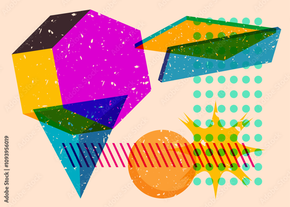 Poster colorful geometric shapes. object in trendy riso graph design. geometry elements abstract risograph 